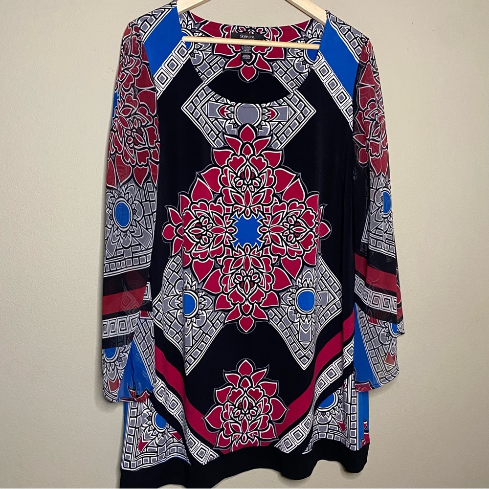 Style & Co. Geometric Floral Mosaic Print Tunic Women 0X Red Blue Office Casual